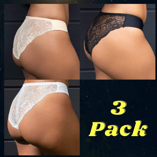 Three pairs of lace underwear in different colors with '3 Pack' text on a dark background.