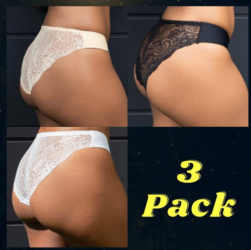 Three pairs of lace underwear in different colors with '3 Pack' text on a dark background.