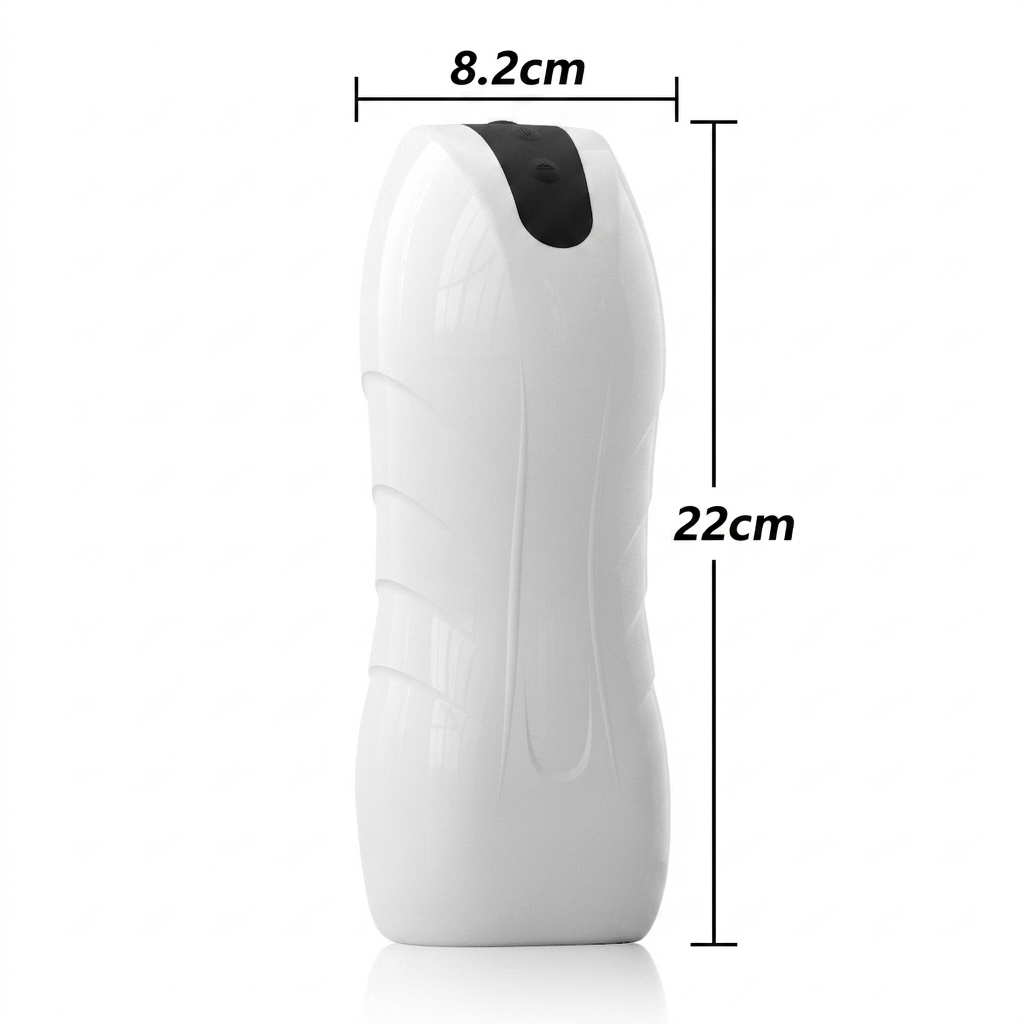 White mens sex toy with black top, shown with measurements on a white background NUNI X