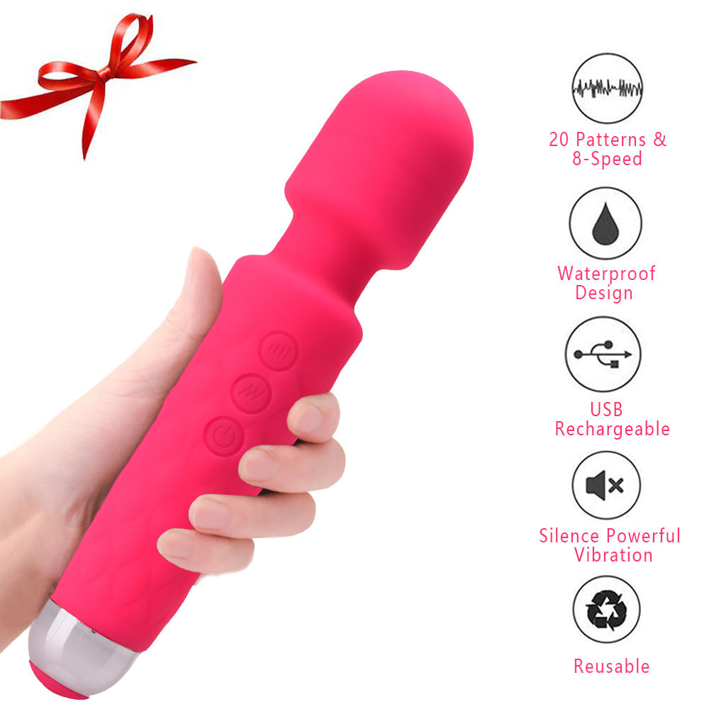 Pink vibrator held in a hand with features listed on the right, including 20 patterns, 8 speeds, waterproof design, USB rechargeable, silence powerful vibration, and reusable NUNI X