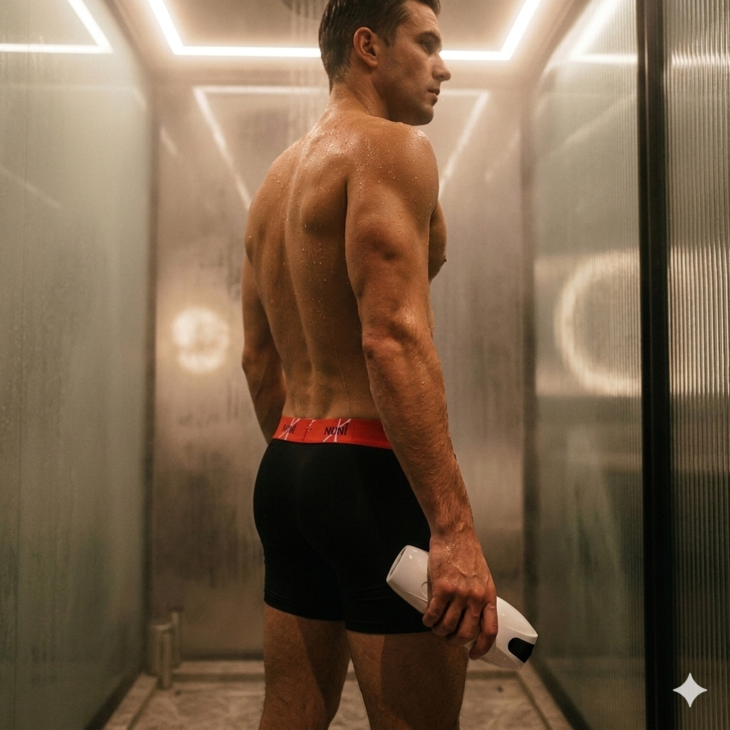Man in NUNI X The Ace Trunks with red waistband standing in a shower stall holding stroker