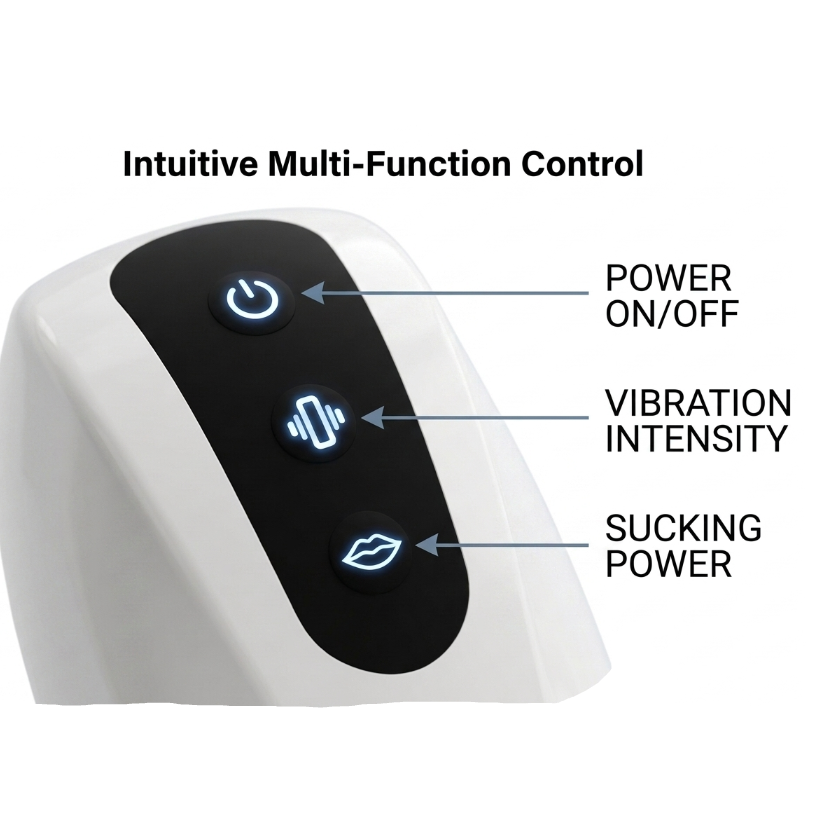 Control panel with power, vibration intensity, and sucking power indicators on a white background. NUNI X
