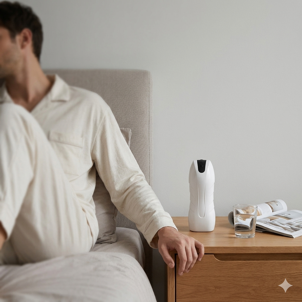 Person sitting on a bed next to a nightstand with a white mens sex toy device and glass of water. NUNI X